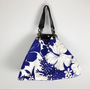 Miu Miu Floral Blue Cream Canvas Leather Tote Bag